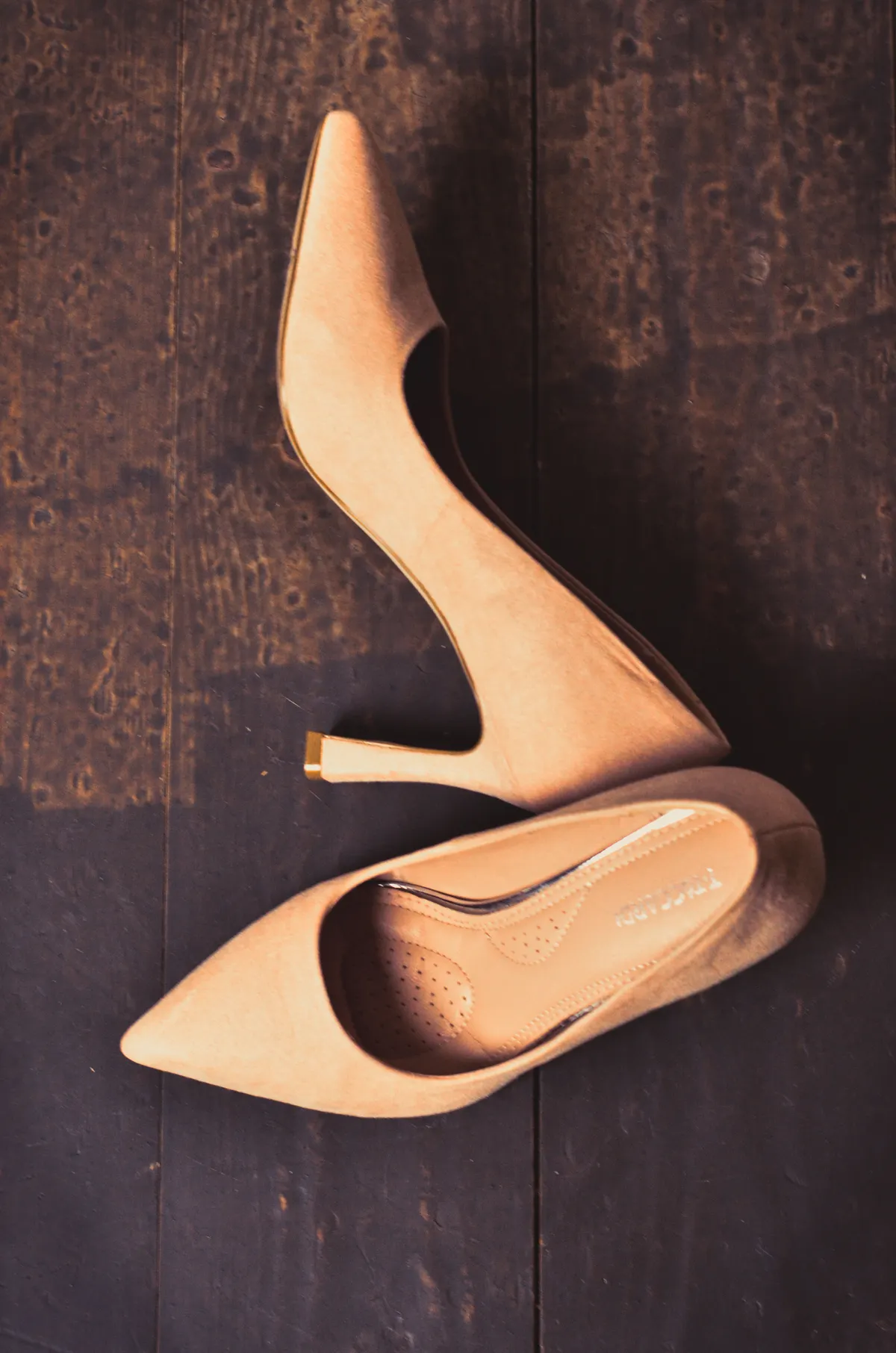 A pointed nude heel lying on dark weathered wood